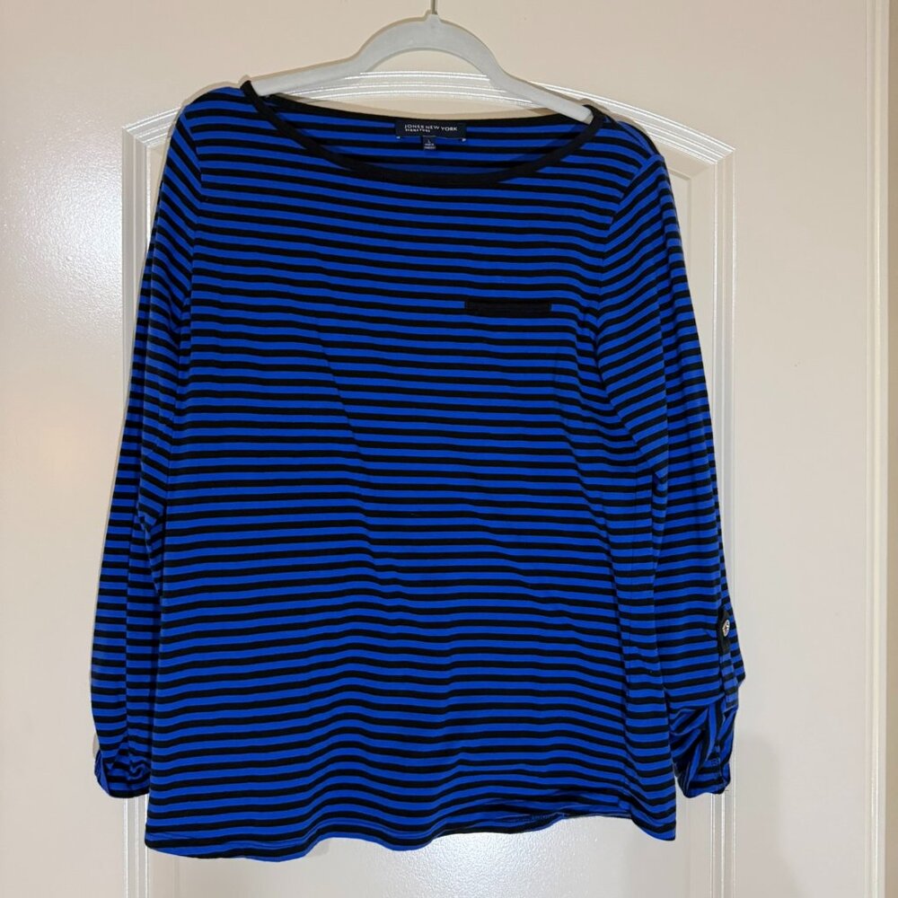 Jones New York Signature - Blue/Black Stripes (3/4 sleeves with roll-up)